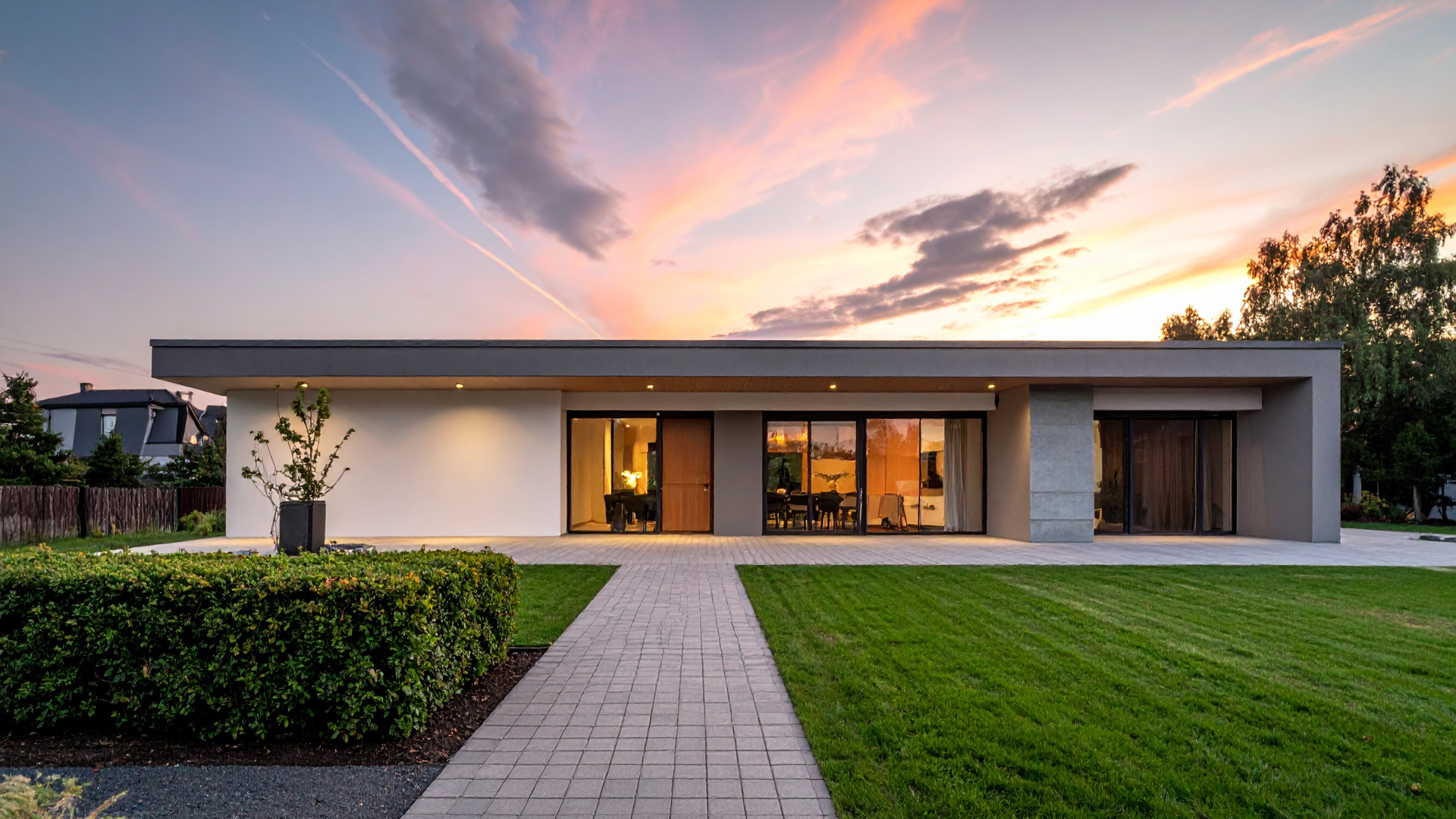 Bright coastal home interior with large windows and water view