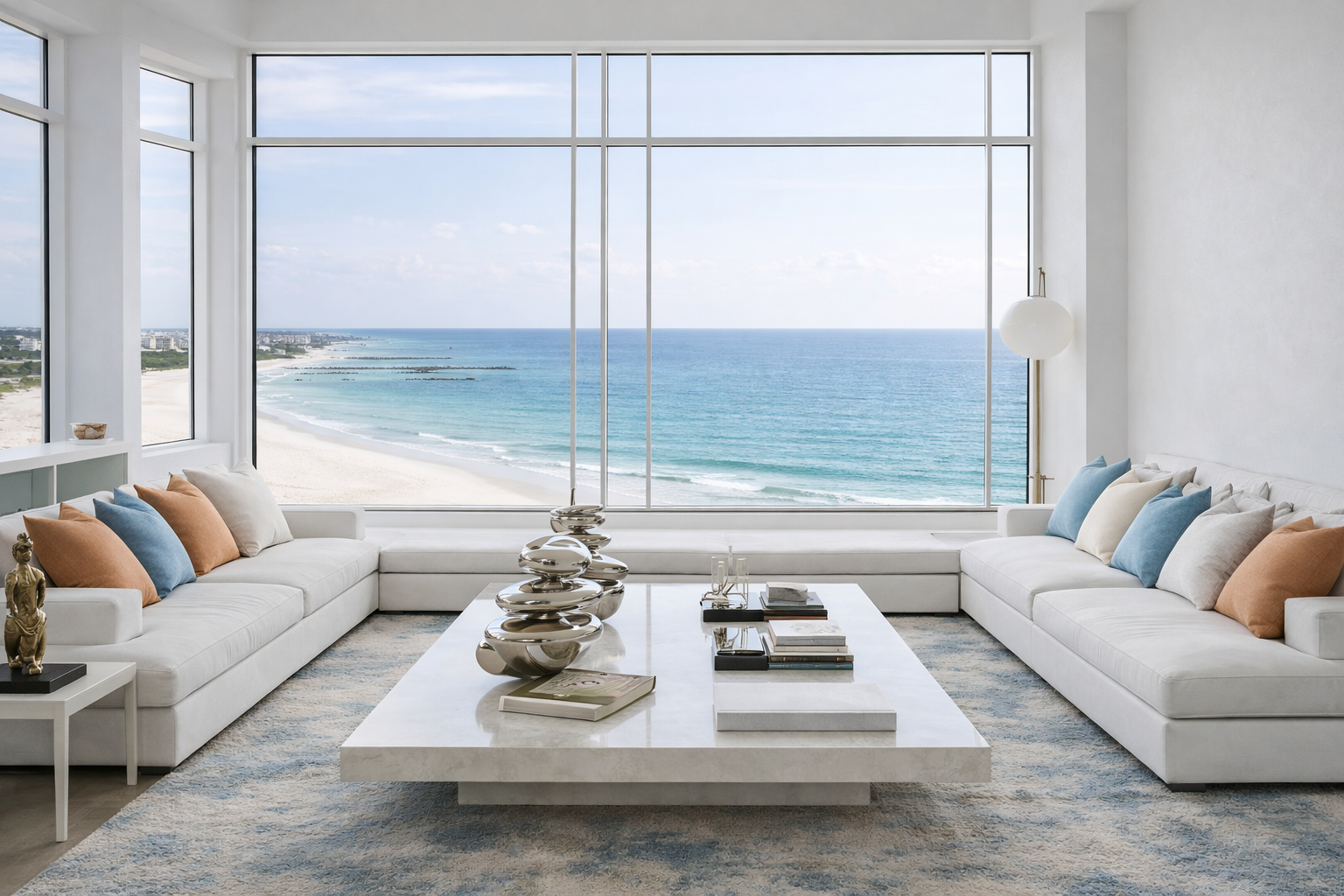 Bright coastal interior with large windows overlooking the water